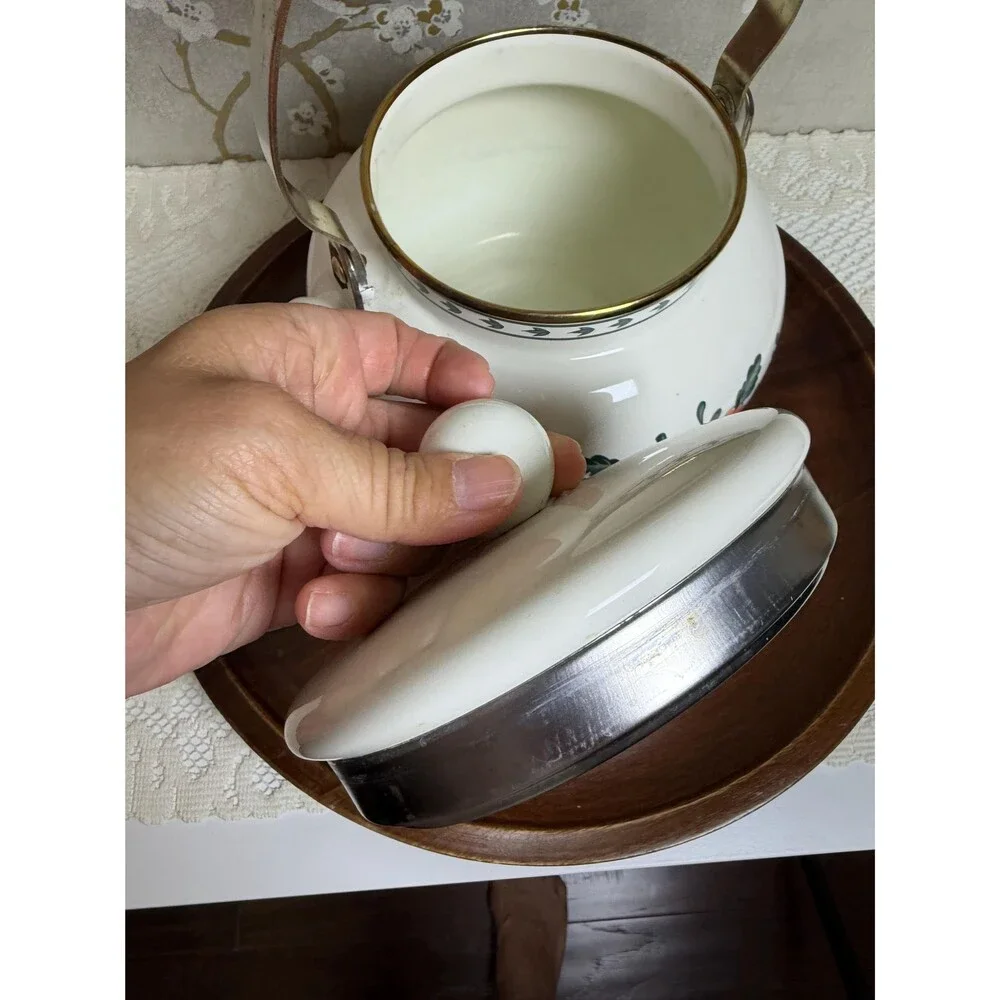 Vintage M Kamenstein Floral Enamel Teakettle White Brass Handle Tea Pot 1983